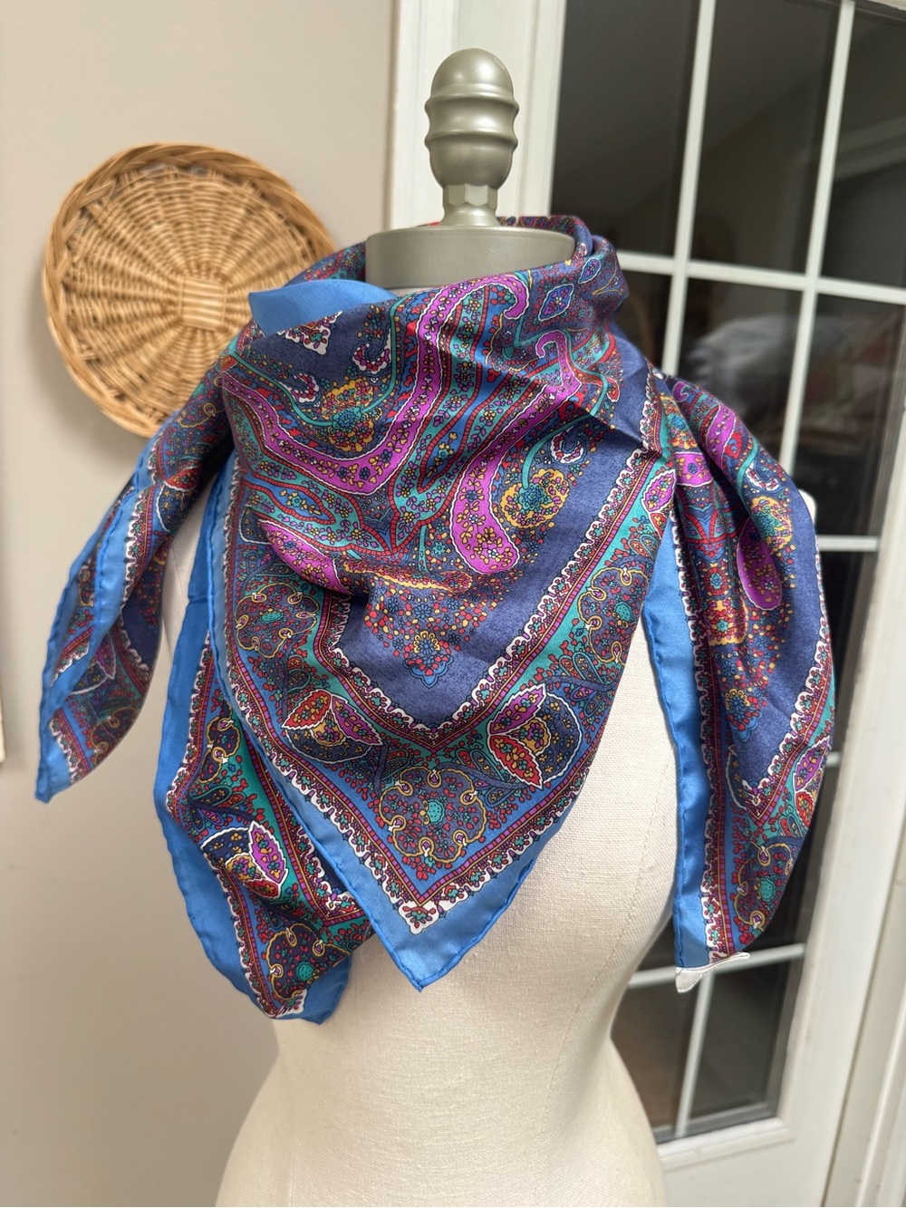 100% Silk Paisley Square Scarf Blue Pink Teal Made in Korea 34"x34"